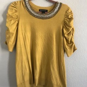 INC petite large jeweled yellow/gold sweater